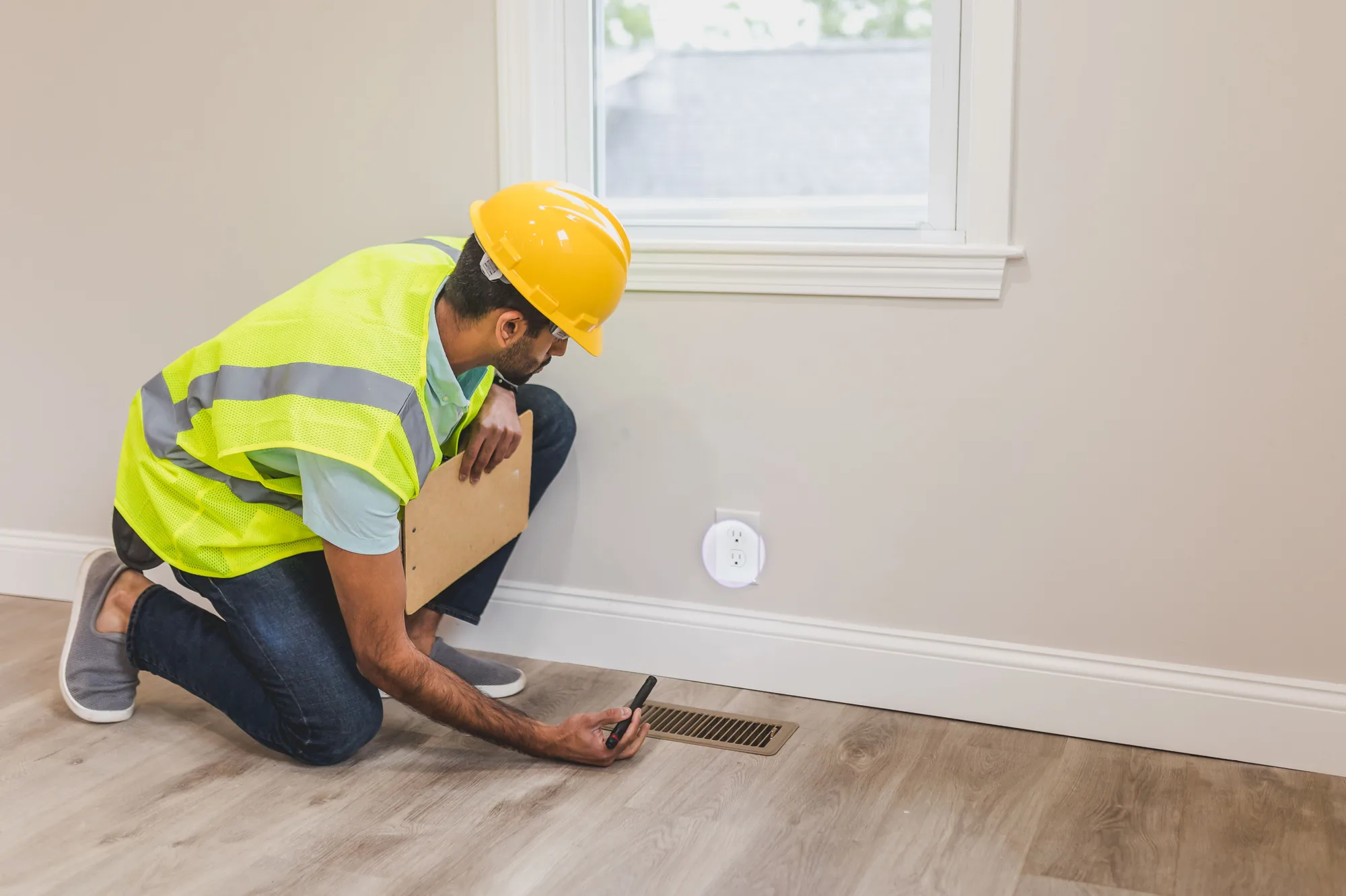 Home inspector in a yellow hard hat and safety vest kneeling to examine a floor HVAC vent with a flashlight in an empty room (representative photo for home inspections in Schoharie County, NY)